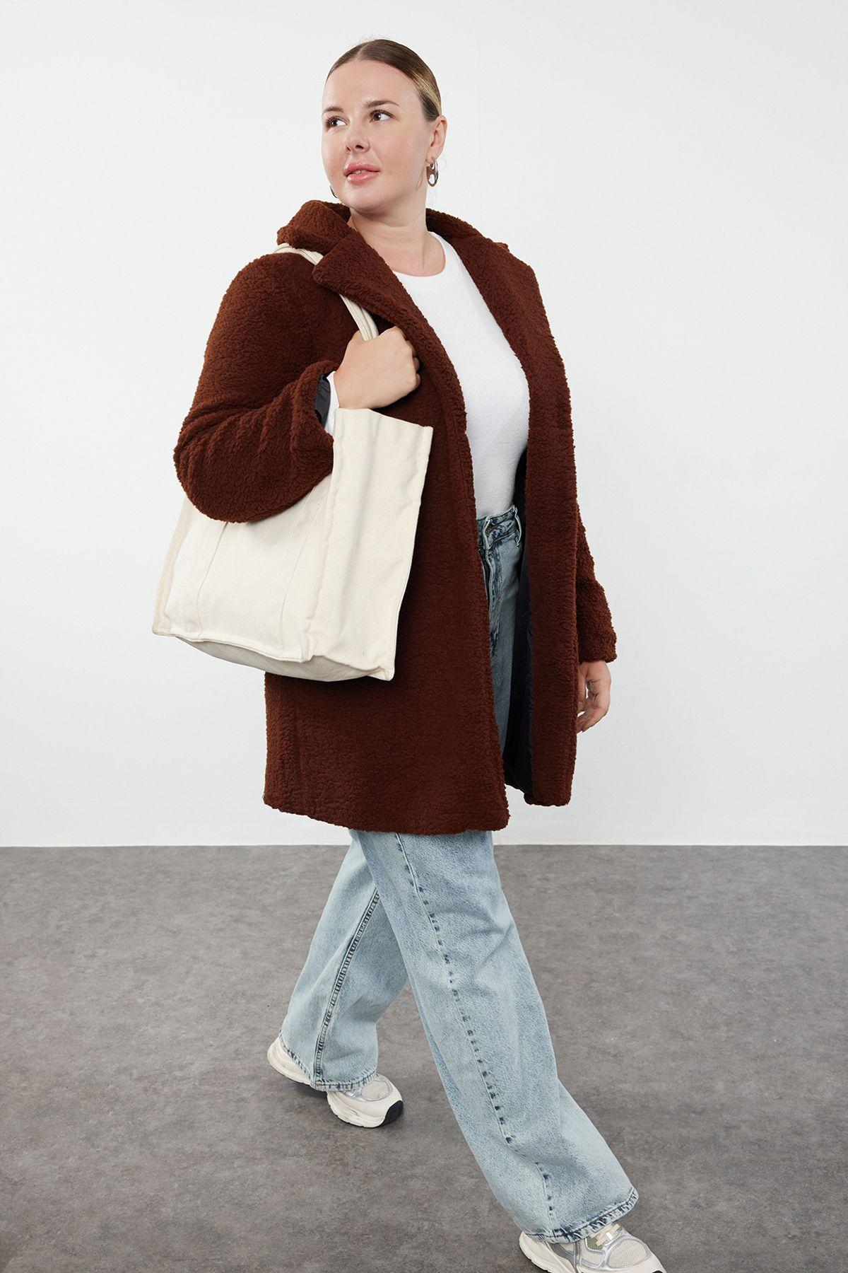 

Women s Plus Size Coat Brown Regular Fit Plush Coat XL