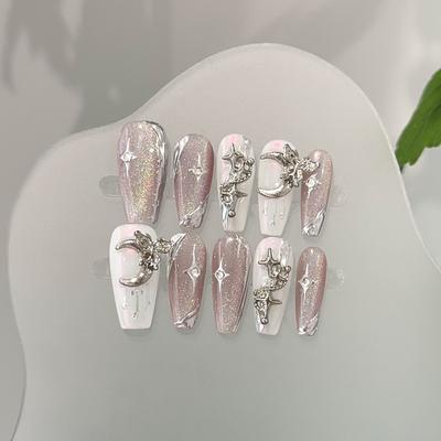 Quick Nails Cat's Eye Handgemaakte Draagnagels, Maan Sterren, Nagelkunst, Grote Diamanten, Bruidsnagelstickers, Plaknagels