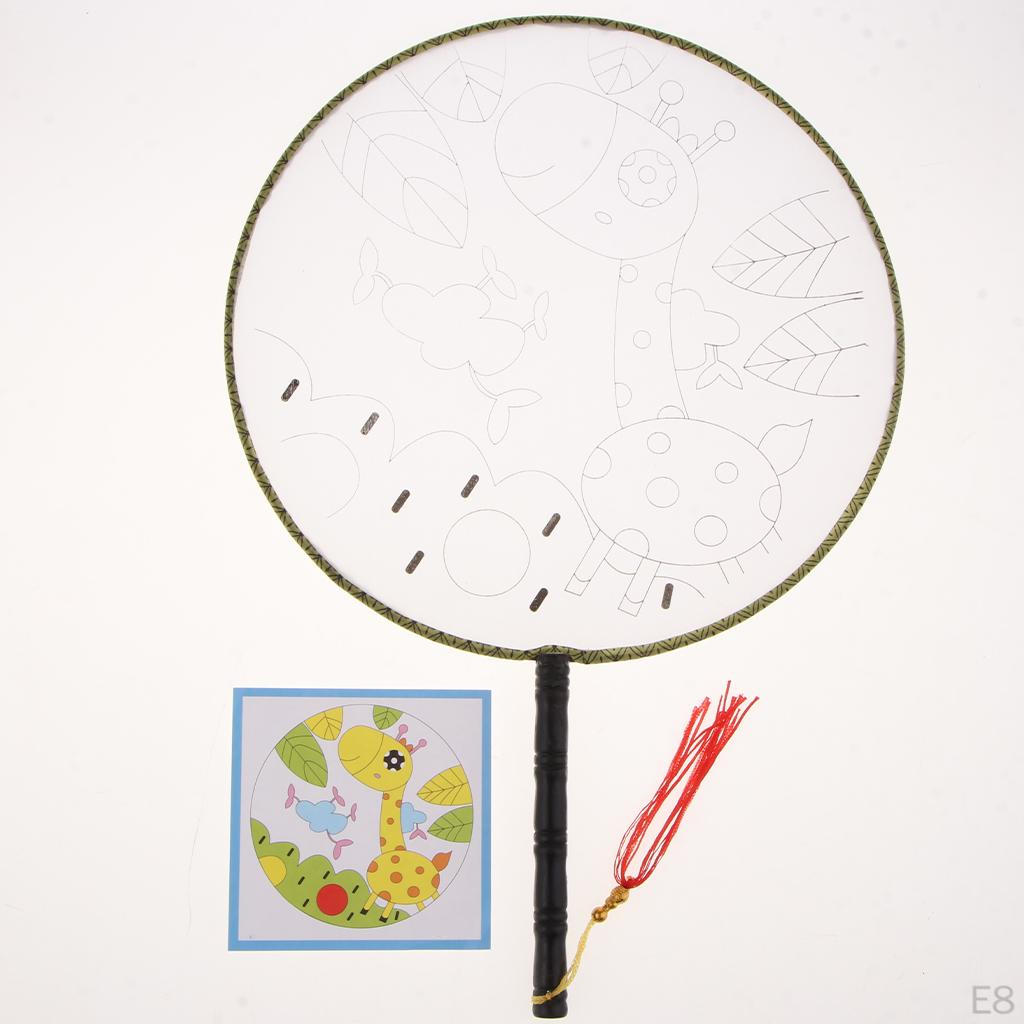 1 piece Ancient Handheld Fan Round Paddle Mandarin Handle with Fabric, Blank Patterns