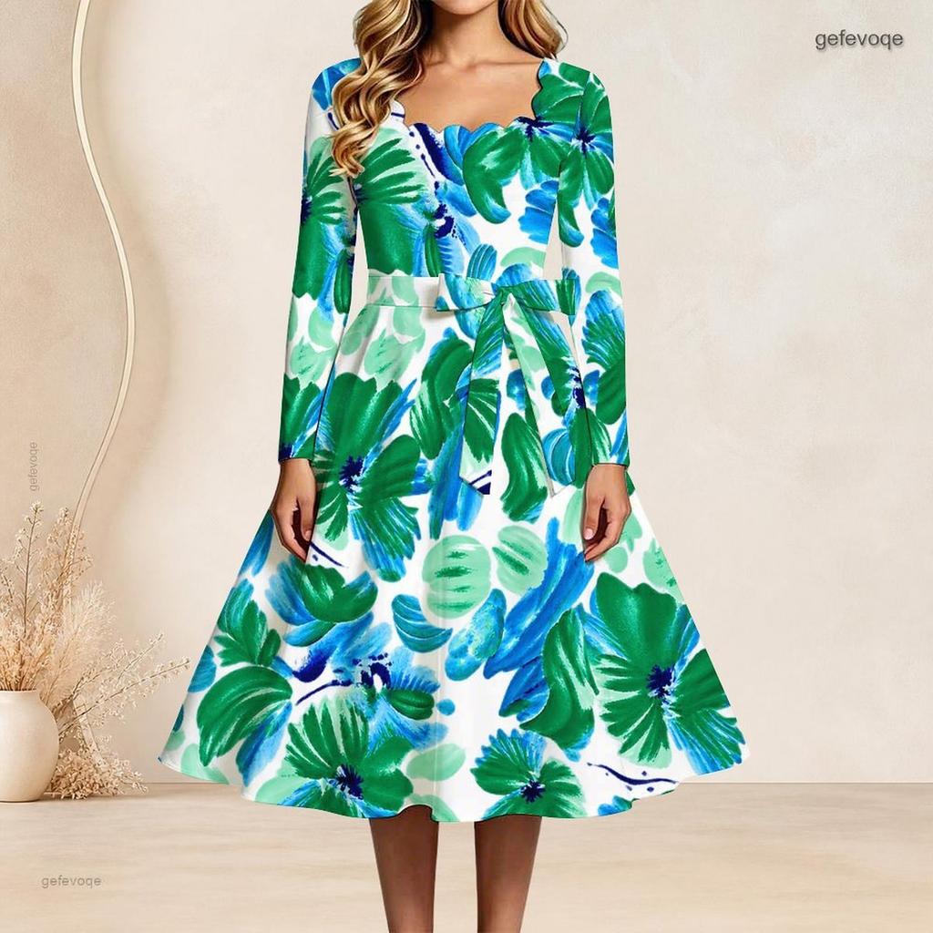 Women Plus Size Square Neck Long Sleeve Green Blue Printed A Line Flared Dress With Belt