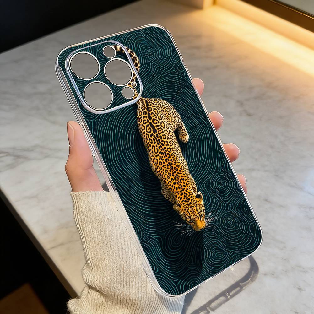 Artistic Leopard Phone Case Transparent Silicone Soft For iPhone 17 16 15 14 13 12 11 Mini Pro Max Plus