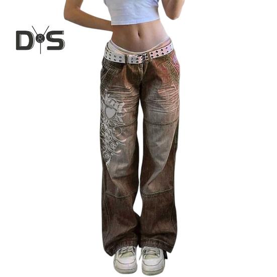 Women Jeans Mid Waist Irregular Individual Printing Retro Style Straight Wide Leg Patchwork Full Length Trousers for Vacation Travel Work School