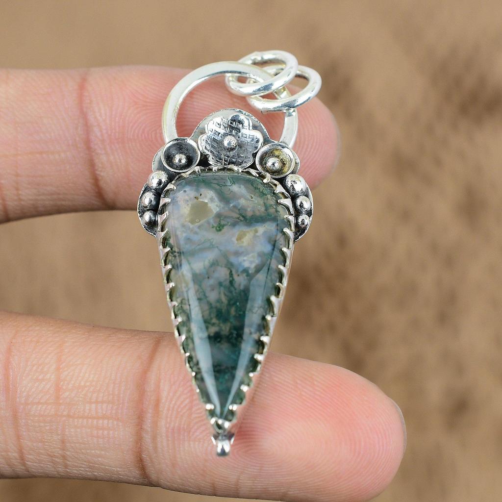 Memorial Day Sale Natural Solar Moss Agate No Stone Flower Pendant 925 Silver