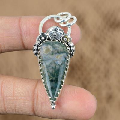 Memorial Day Sale Natural Solar Moss Agate No Stone Flower Pendant 925 Silver