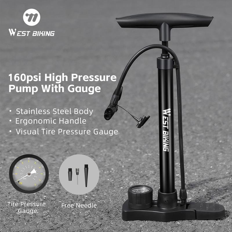 WEST BIKING Bicycle Floor Pump 160PSI High Pressure Pump With Gauge Foldable Pedal Mountain Road Cycling Motorcycle Ball Pump