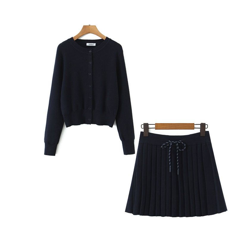 

Za Autumn New Women clothes 2025 Western Style Fashion round Neck Long sleeve Knit Pleated mini skirt Set Navy blue One size
