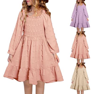 Mädchen Modisches Und Süßes Einfarbiges Langärmeliges Kleid mit Quadratischem Ausschnitt und Falten