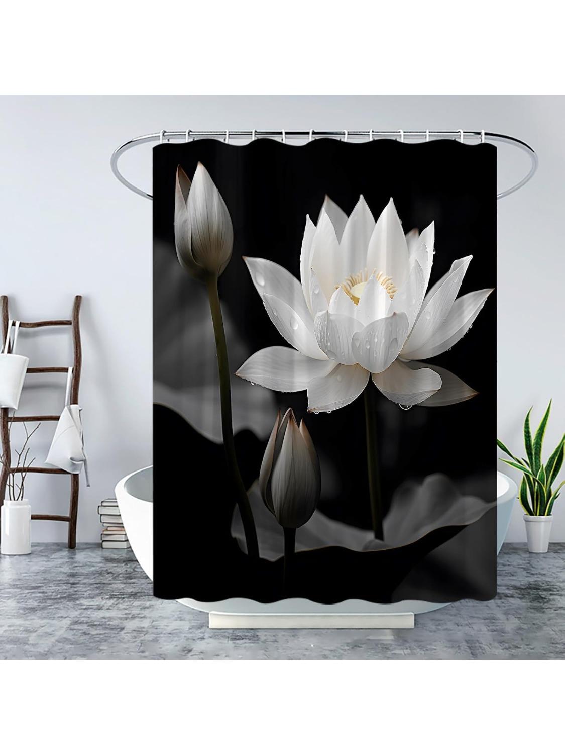 

Lotus Shower Curtain Black White Flower Magic Elegant Floral Modern Simple Japanese Style Relax Nature Fabric Curtain With Hook W60H190(CM)-1 Pcs