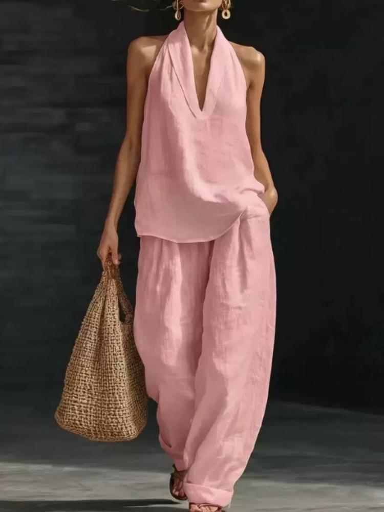 Women's Khaki Halter Neck Deep V-Neck Top and Wide Leg Pants Set