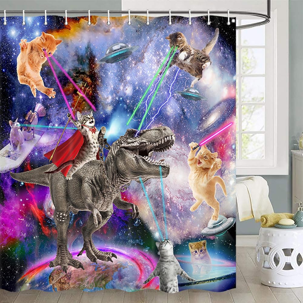 Funny cat shower curtain, cool and funny shark fantasy space anime shower curtain, funny fabric bathroom curtain set