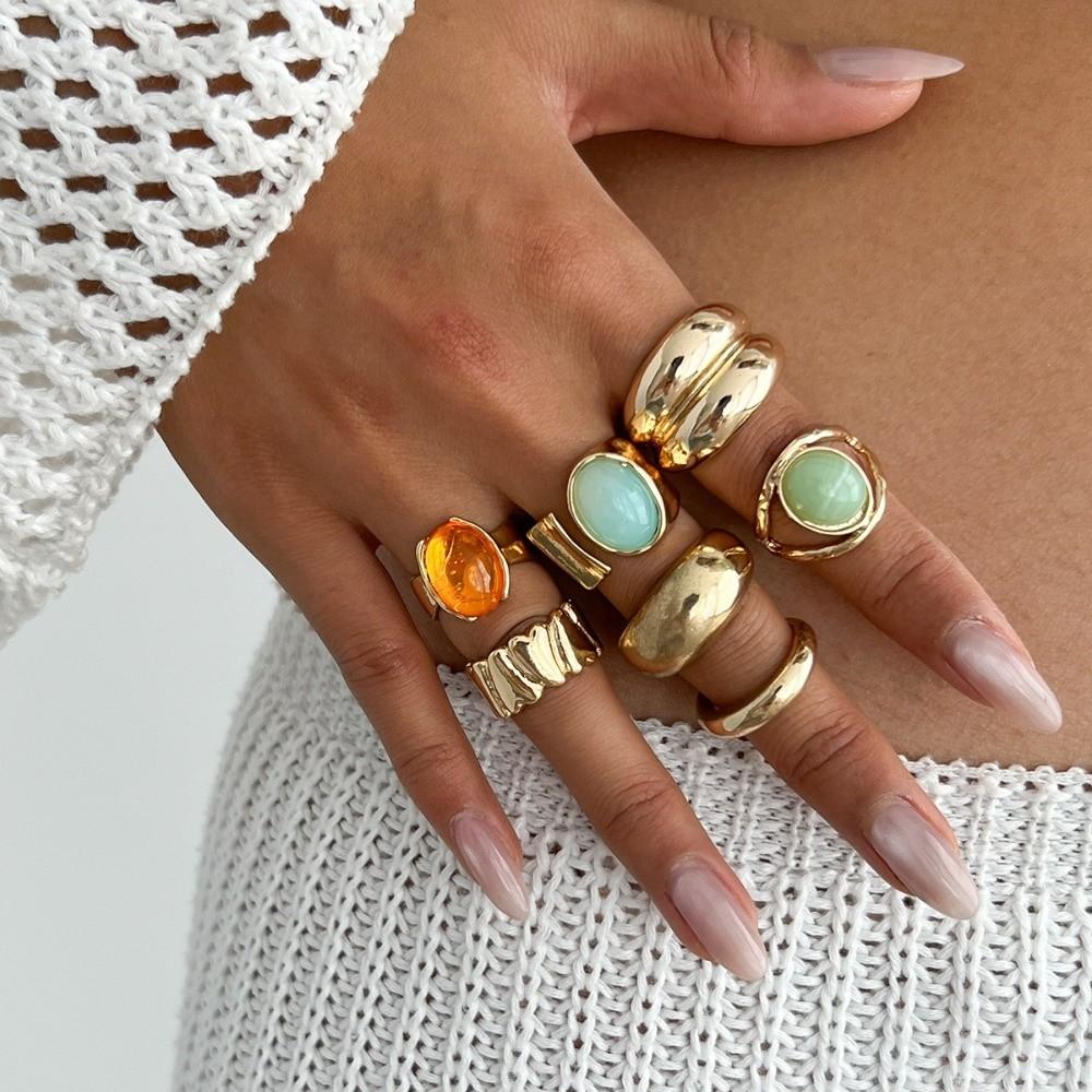 7Pcs/Set Irregular Shape Crystal Open Rings Open Design Geometric Rings Women