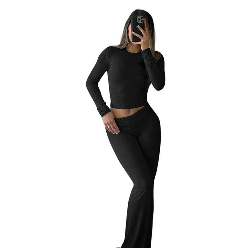 

Womens Basic Slim Sweatshirt Trousers Outfits Long Sleeve Round Neck Crop Tops Low Waist Flare Pants Set Two Piece Sets S чорний