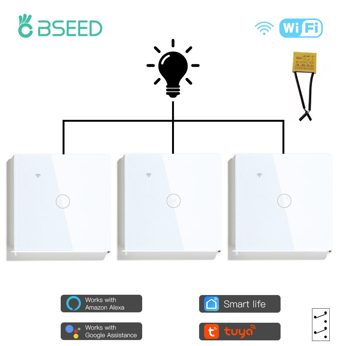 

BSEED Wi-Fi Умные сенсорные выключатели 1/2 клавиши 3-ходовые сенсорные выключатели для лестницы Управление через приложение Tuya Smart Life Со стеклянной панелью с конденсатором 3 шт. EU standard
