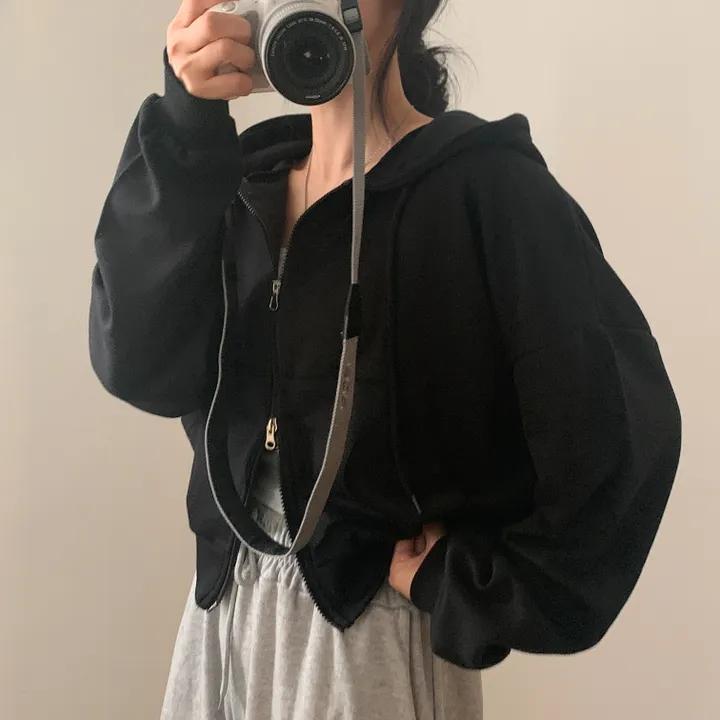 Осенний новый американский стиль универсальный капюшон с двойной застежкой-молнией свободный повседневный длинный рукав короткая толстовка с капюшоном верхняя одежда S чёрный 4233₽