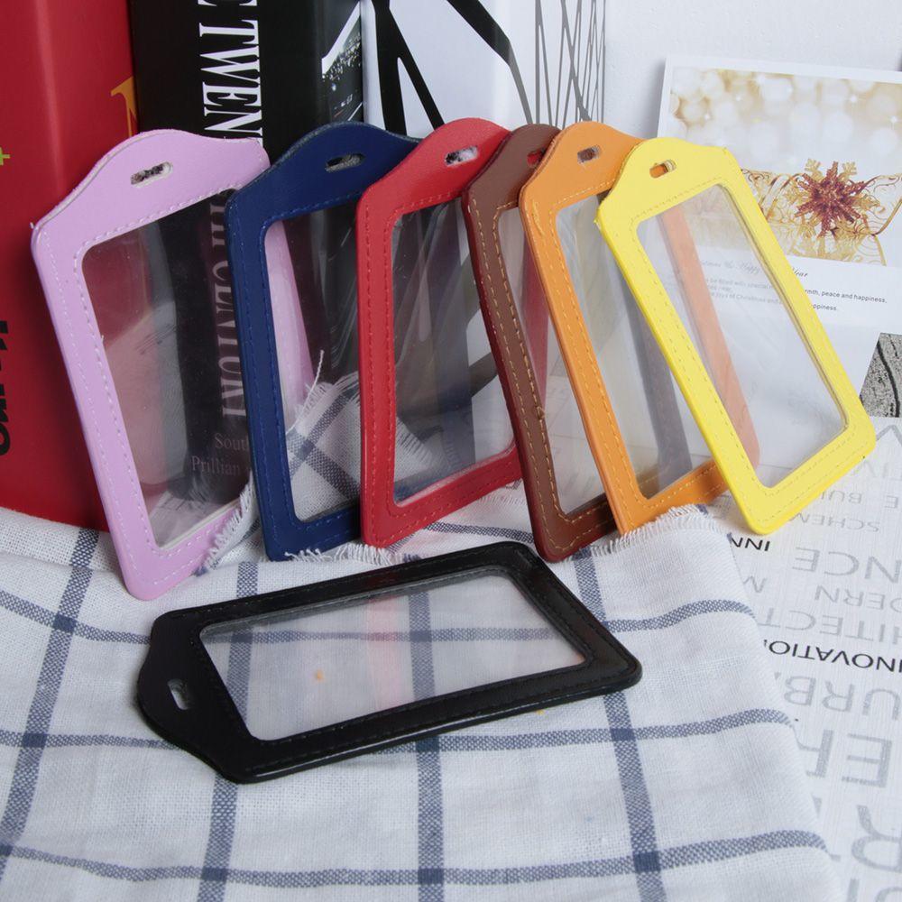 Pu Leather Id Badge Case Clear And Color Border Lanyard Holes Bank Credit Card Holders Id Badge Holders Accessories