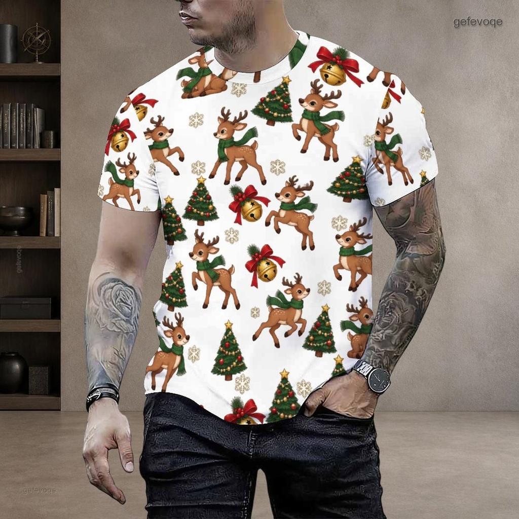 Men Plus Size Round Neck Short Sleeve Christmas Santa Printed White T Shirt
