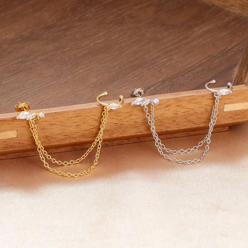 1PC Stainless Steel Chain Tassel Zircon Drop Earrings for Women 14K Gold Plated Geometric Ear Clip Earrings Wedding Jewelry