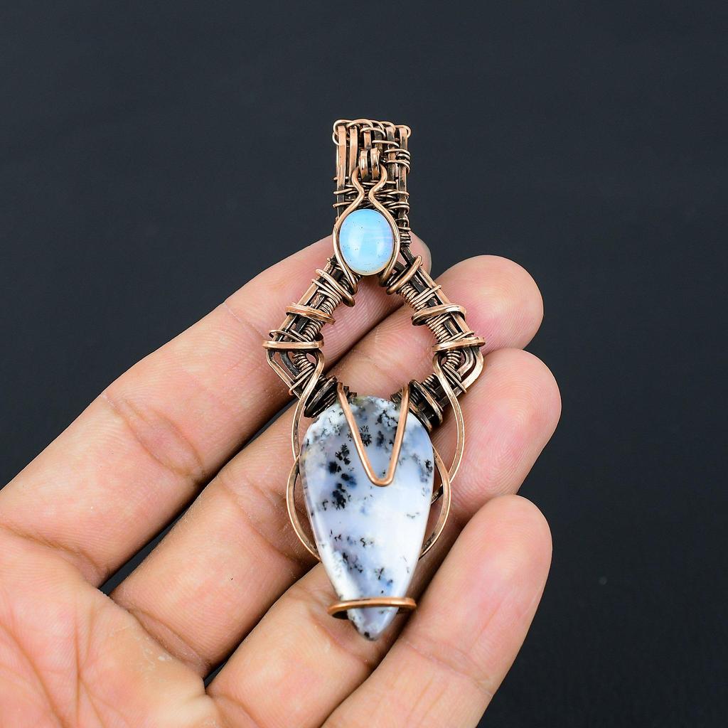 Dendrite Opal Gemstone Pure Copper Wire Wrapped Handmade Pendant Jewelry