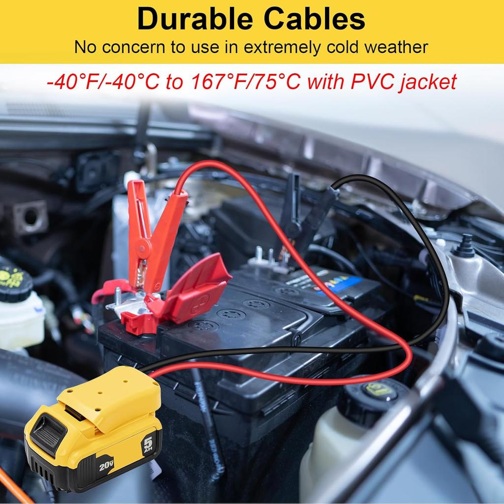 Jumper Cable Clamps For DeWalt 20V Battery Jump Starter, 2.0FT 8AWG Car Battery Jumper Cable With Adapter, Automotive Battery Booster Cable For Tools