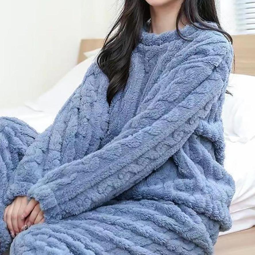 Autumn Women Solid Color Warm 2 Piece Sets Insulated Velvet Ribbed Fleece Pullover and Pants Set Female Casual Pajama Sets