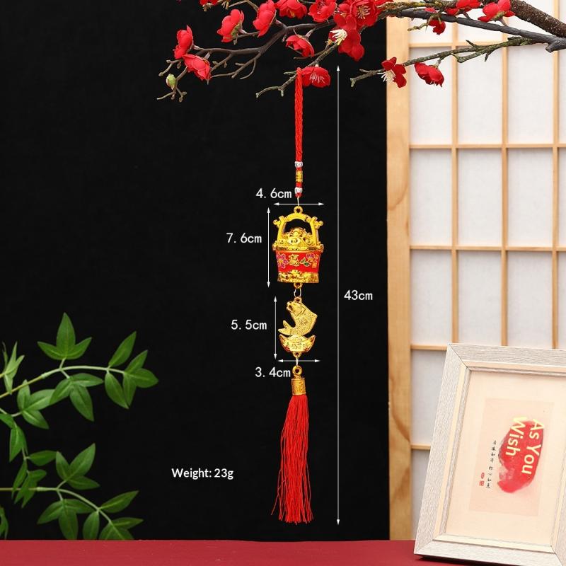 Lunar New Year Lucky Hanging Ornament with Red Tassel Golden Charm Festive Portable Decor for Travel Hotel Room Spring Festival