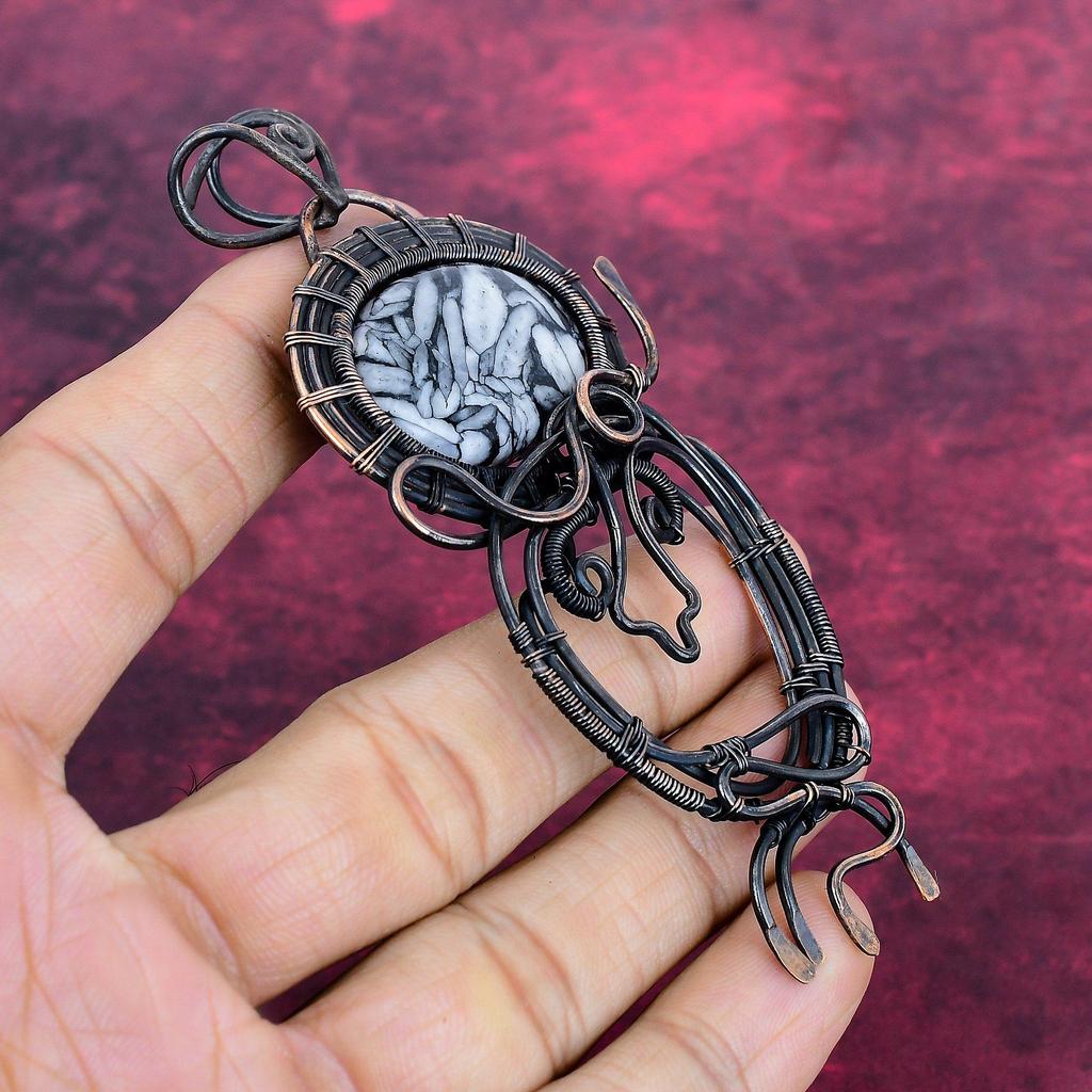 Pinolith Jasper Pendant Copper Wire Wrapped Jewelry Gemstone Handmade Pendant