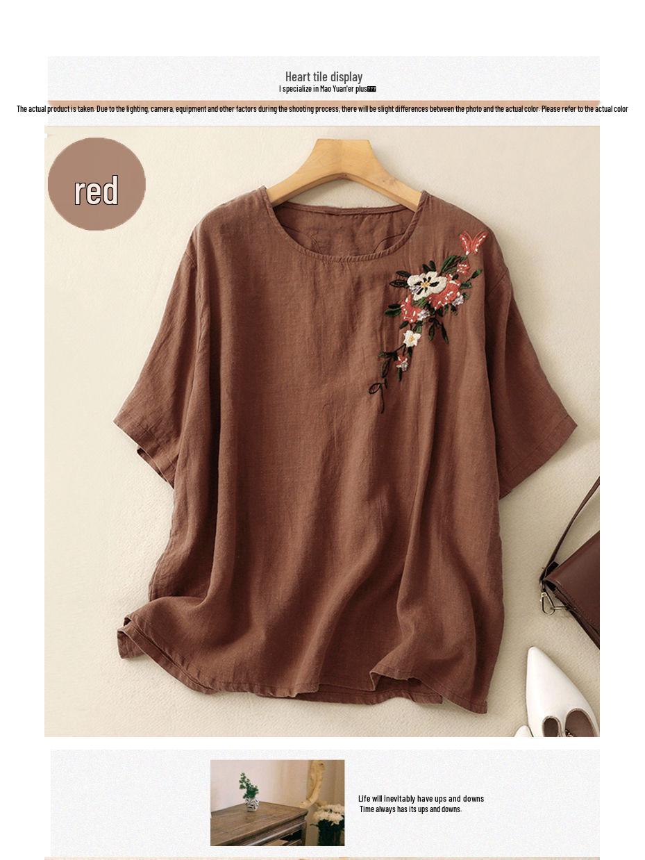 

Ретро вышитая хлопково-льняная футболка: Удобная летняя мода для мам среднего возраста L (105-120 jin) кофейный