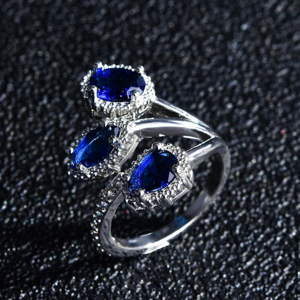 

Trendy Open Ring Tanzanite Inspired Blue Stone Wedding Band Full Diamond Creative Design Women Gift adjustable
