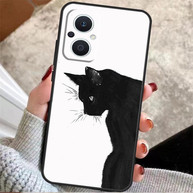BLACK CUTE KITTY Case For OPPO Reno 8 7 Lite Reno 3 4 5 6 Lite 8T 4Z 5Z Find X5 X2 X3 Lite Neo X6 Pro Cover