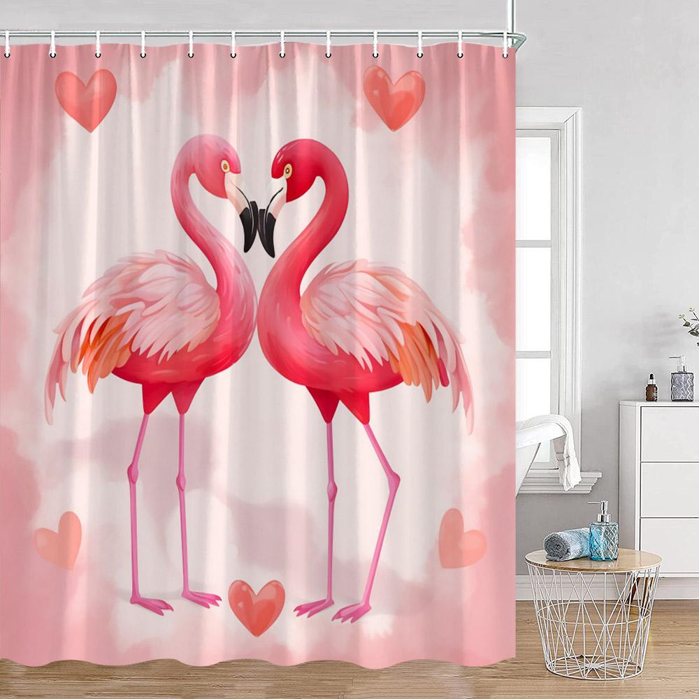 Flamingo Pink Birds Shower Curtains Tropical Palm Leaves Plants Jungle Nordic Bath Curtain Summer Vacation Fabric Bathroom Decor