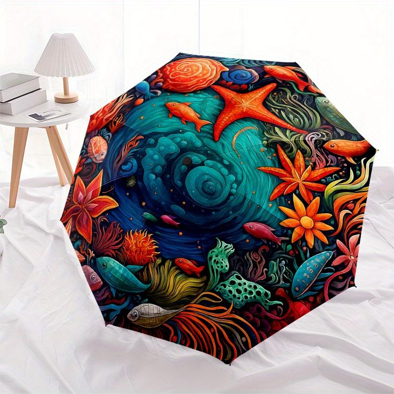 Underwater Paradise: Vibrant Sea Life Circular ArtworkUmbrella, Portable 3-Fold Compact Umbrella for Men & Women Gift
