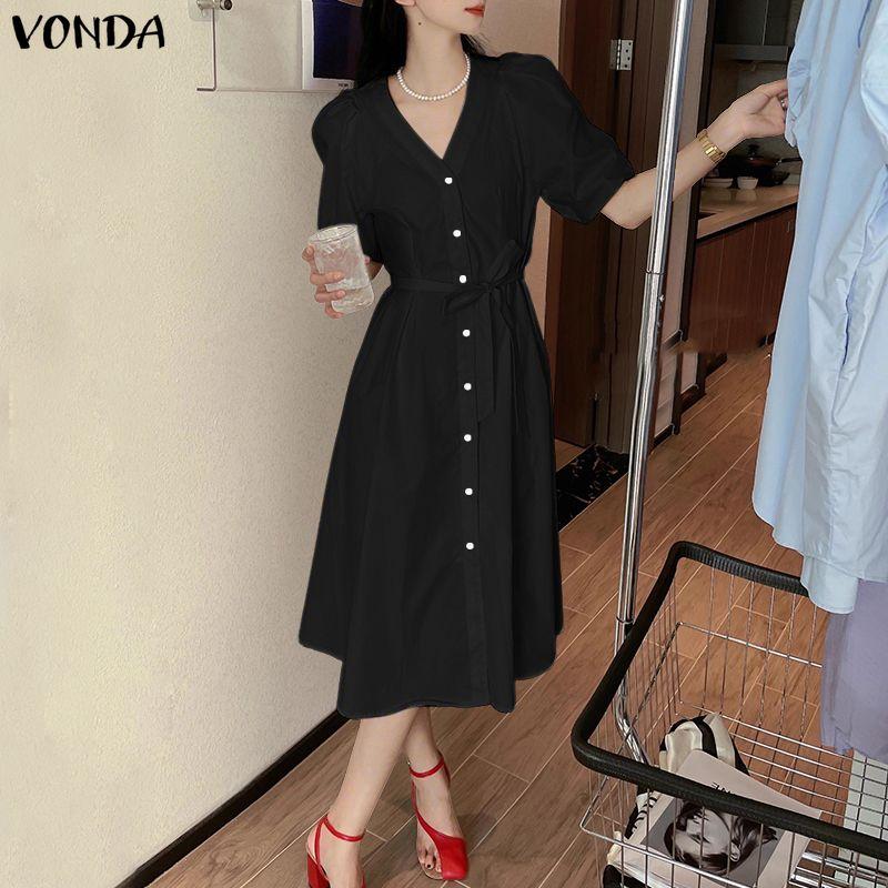 VONDA Women Casual V Collar Loose Half Sleeve Bow Knot Slim Waist Pleated Dress