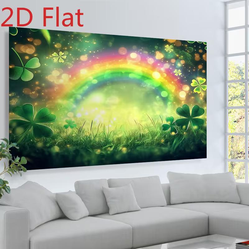 2D St. Patrick's Day Backdrop, Green Clover & Glitter Rainbow Photography Banner
