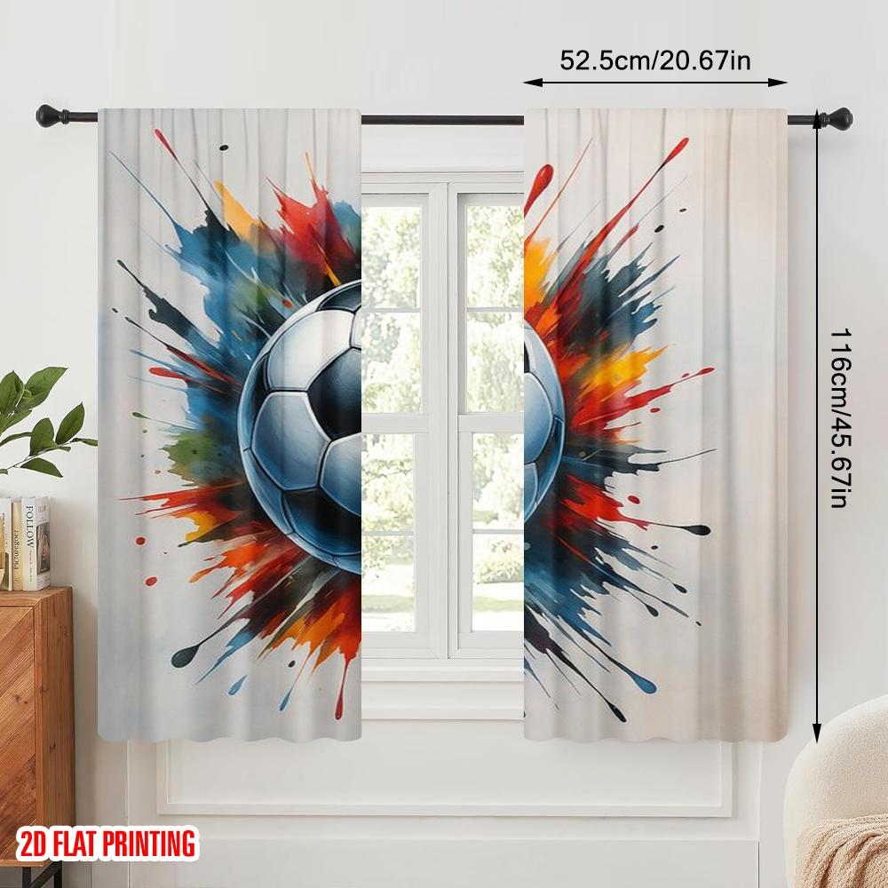 2pcs,2D plane printing Curtain Fabric Colorful Soccer Burst Versatile Durable Polyester (without rod) Gifts Use for Bedroom,