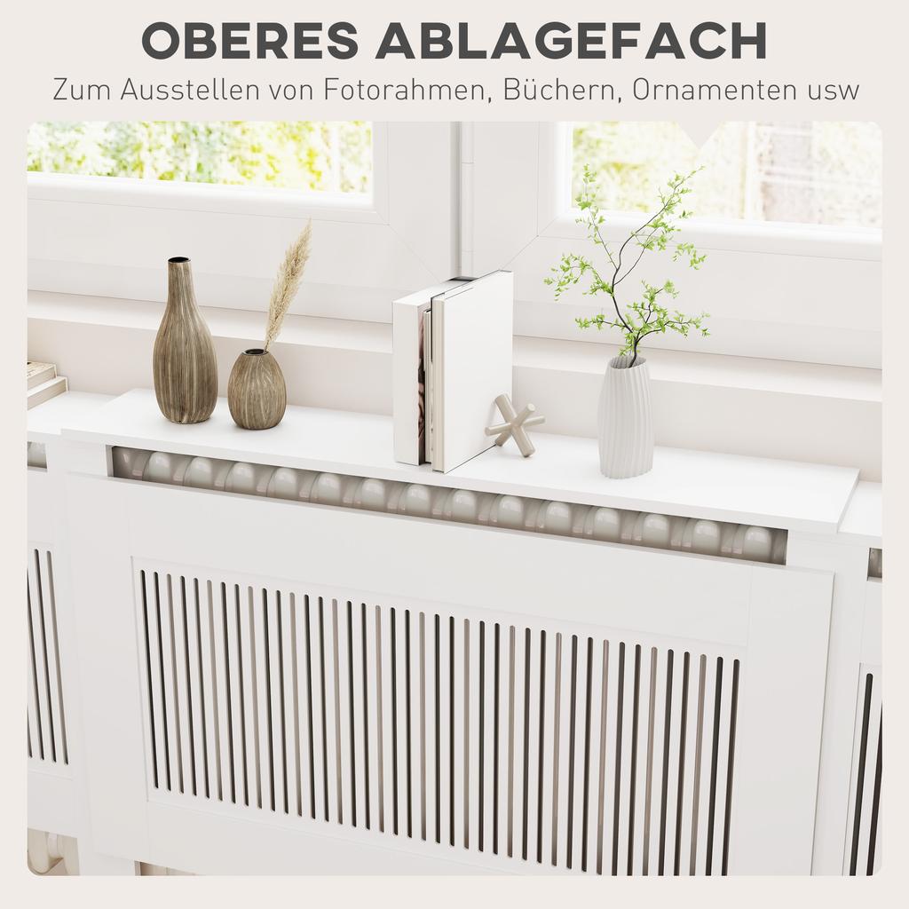 Radiator Cover, Slatted Design, Adjustable Length 125-201 Cm, MDF, White