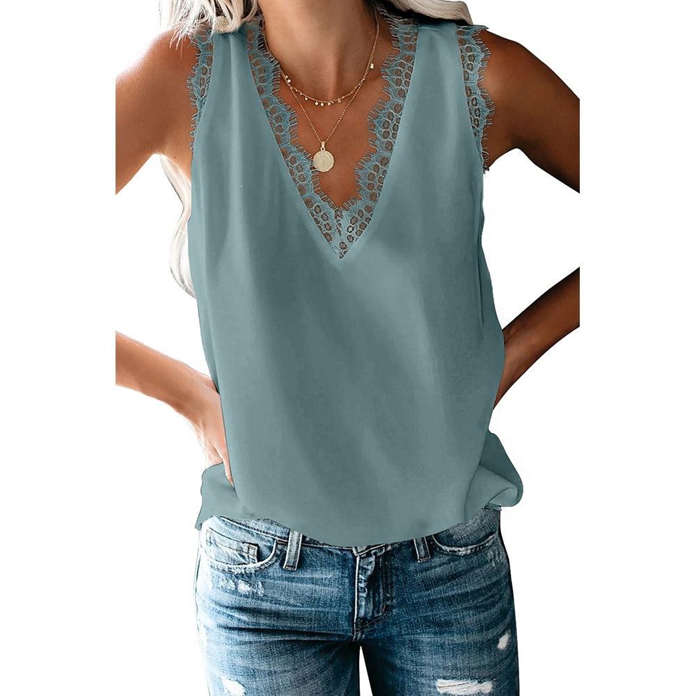 Women's V Neck Sleeveless Tank Top Loose Lace Trim Solid Color Casual Camisole