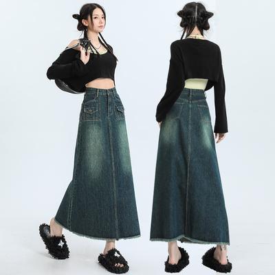 Saia Jeans Retrô de Cintura Alta e Linha A para Mulheres para Primavera e Outono Nova Saia Solta e Slim que Cobre os Quadris para Corpo Pera