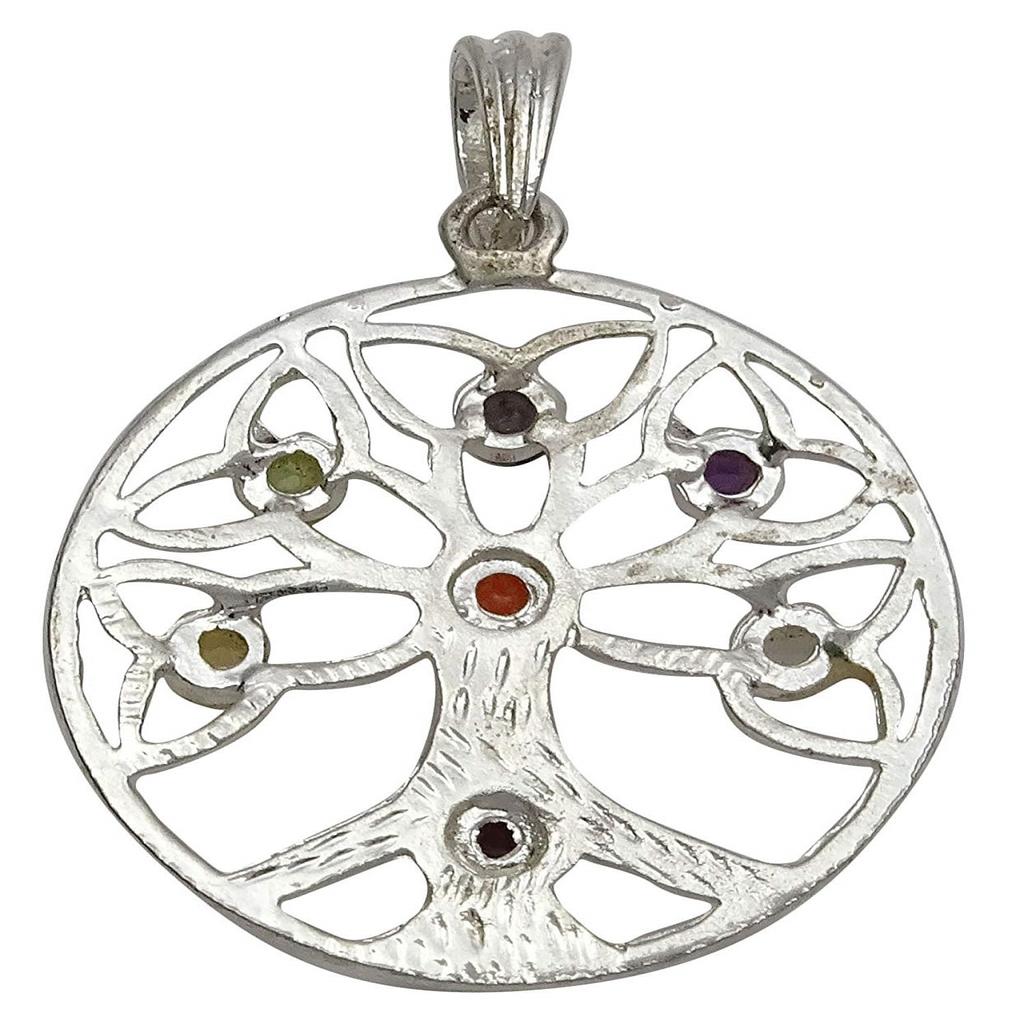 Harmonize Silver Tone Tree Of Life 7 Chakra Pendant Reiki Healing Stone Spiritual