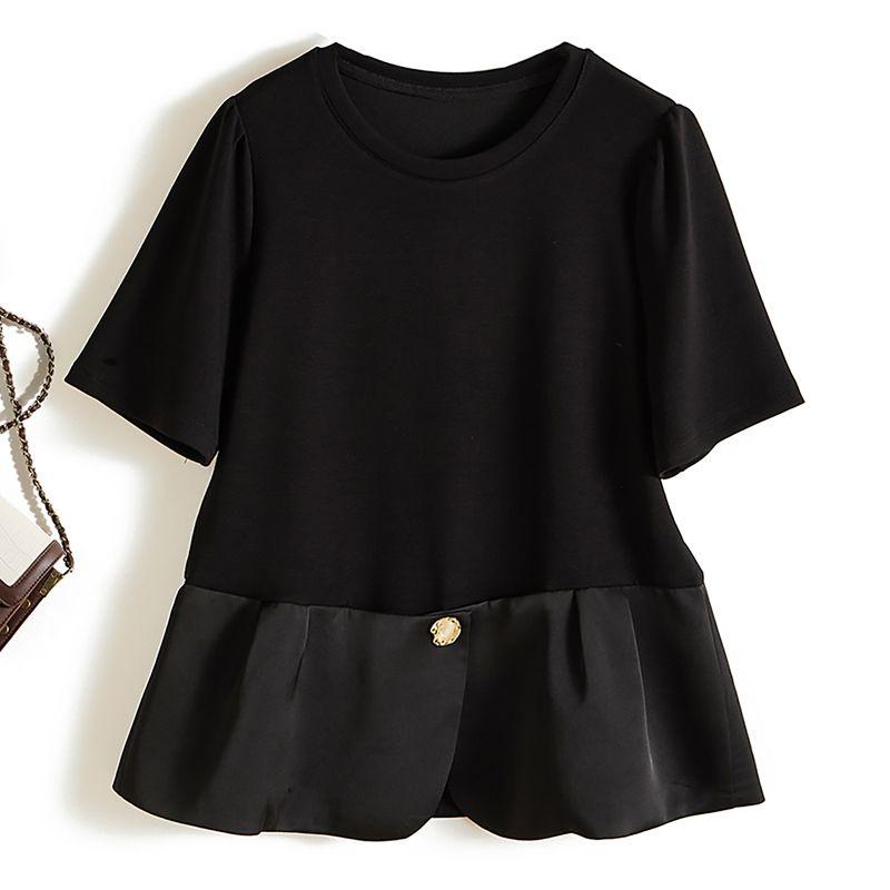 

Classic Style Does Not Fade Fashion Represents! Fake Two-Piece round Neck Patchwork Short Sleeved Gold Waist Flower T-shirt Women s Summer Breathable Black 4XL