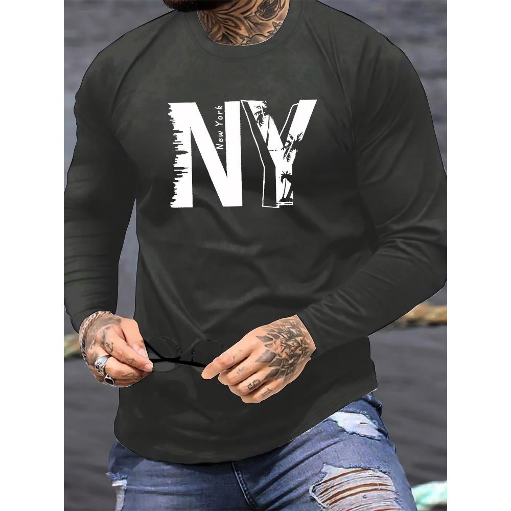 Men's Casual Sports New York NY Letter Printed Round Neck Long Sleeved T-shirt Top