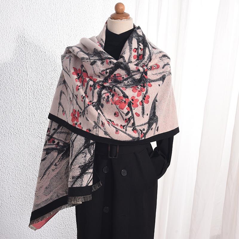 Women's Beige Wintersweet Flower Print Scarf: Autumn/Winter Literary Style, INS Fashion, Imitation Cashmere Shawl