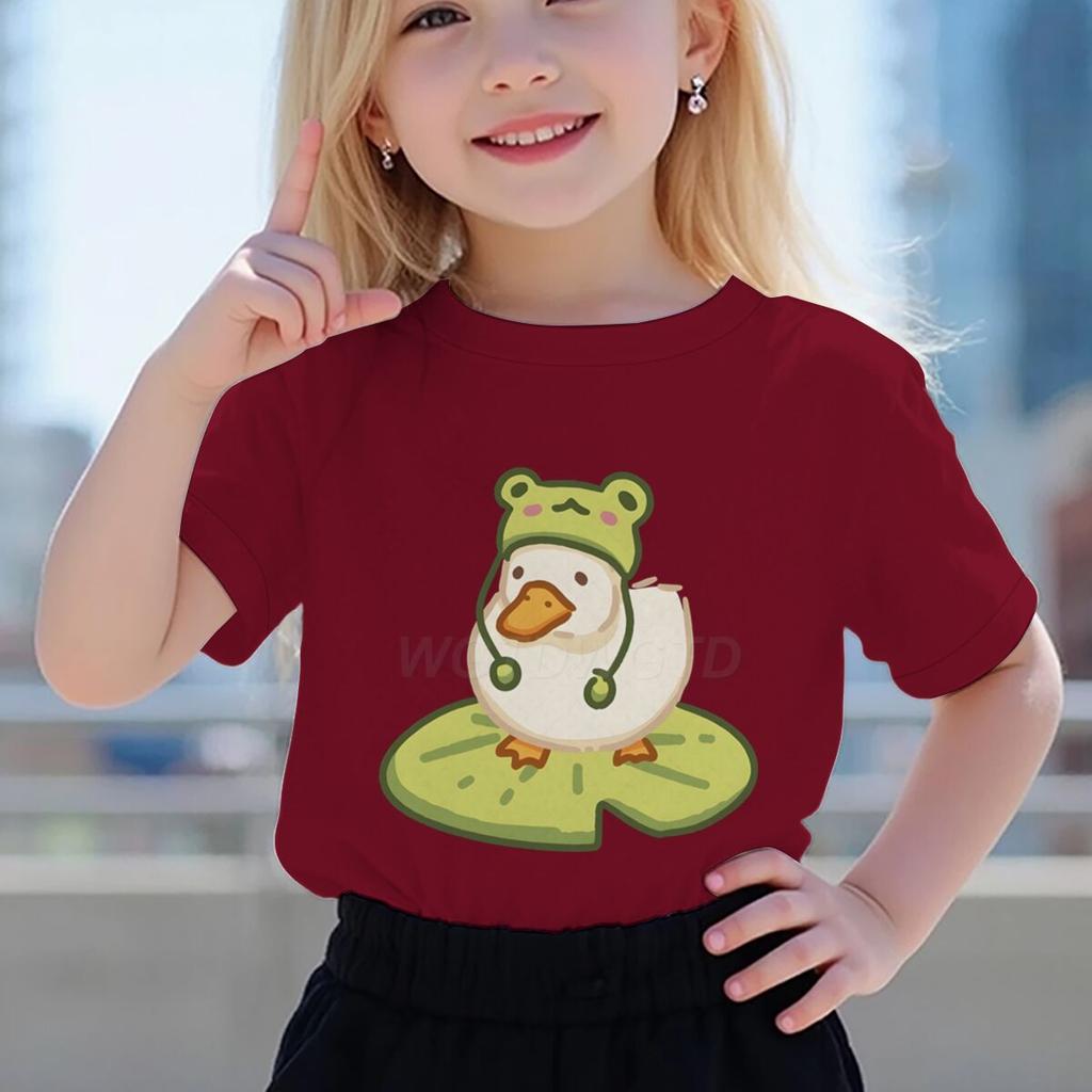 Duck In Frog Hat Cartoon Tshirts for Girl Boy Cute Duck Graphic Casual Tops Kawaii Animal Tee Cute Duck Design Toddler Wear