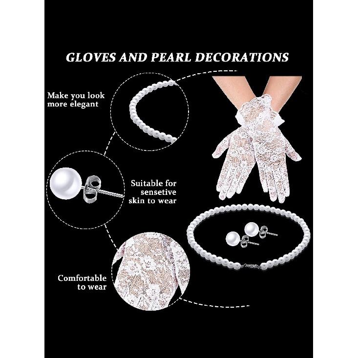 4 Pcs Tea Party Fascinator Hat Set for Women Lace Glove Pearl Set | Tea Party Accessories Outfits Headpiece Veil Lace Glove Pearl Jewerly for Wedding