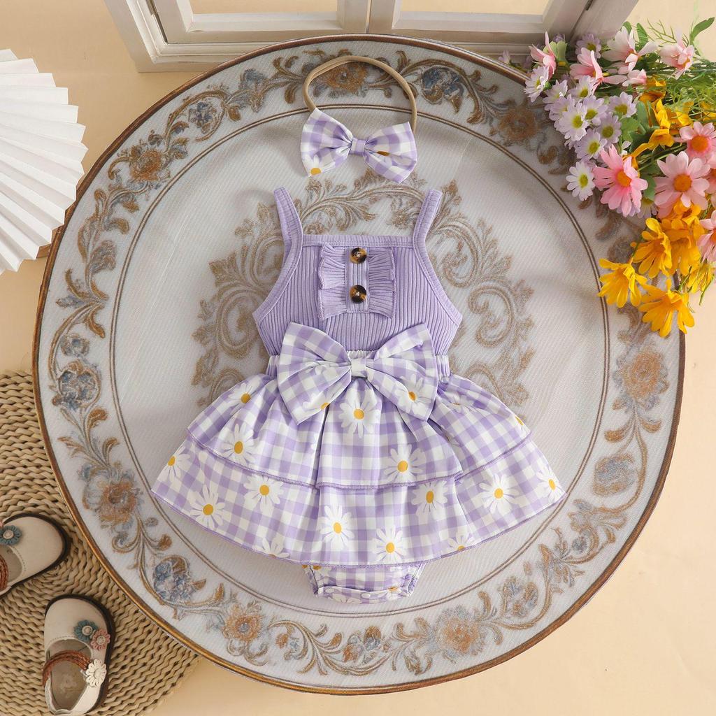 Casual Baby Girl Suspender Romper with Headband & Double-Layer Skirt