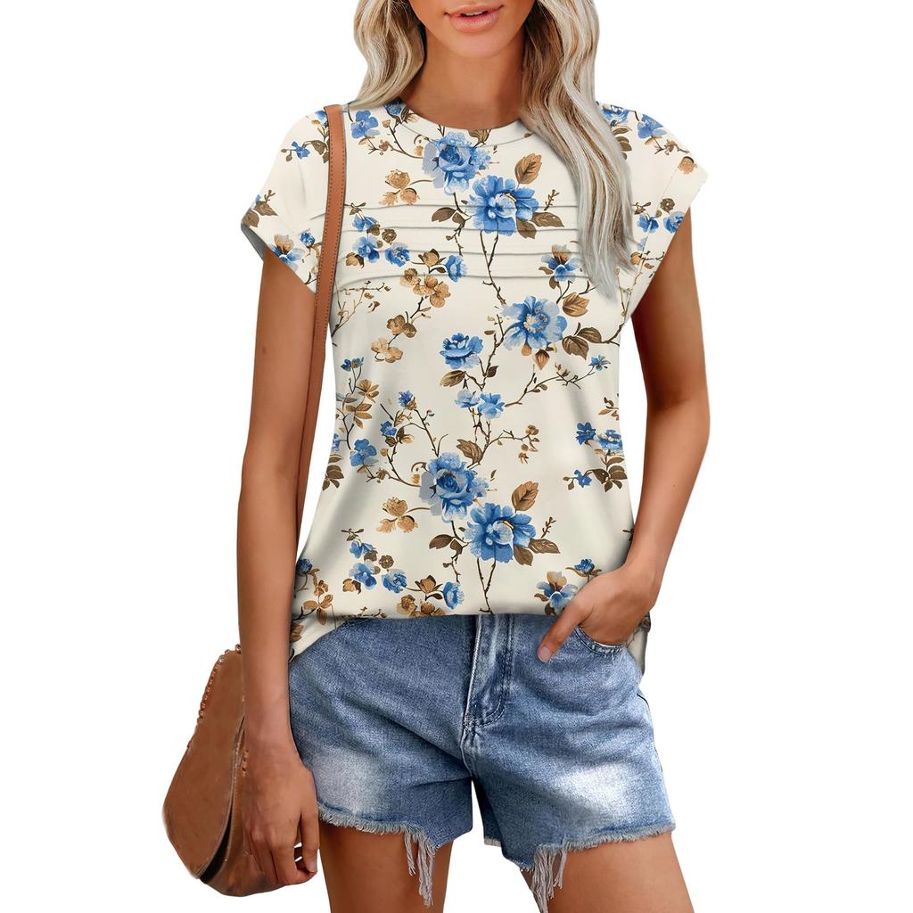 Damenmode Lässig Kurzarm Basic Textur Floral Rundhals T-Shirt Kappenärmel Top
