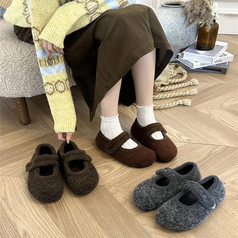 Velcro gray woolen shoes ugly cute shoes 4CM height increase 2025 winter round head woolen plush platform cotton shoes