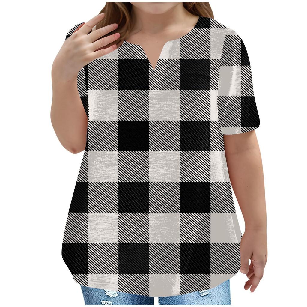 Children's Plus-size T-shirt Casual Fashion Plaid V-neck Short-sleeved Pocket Top