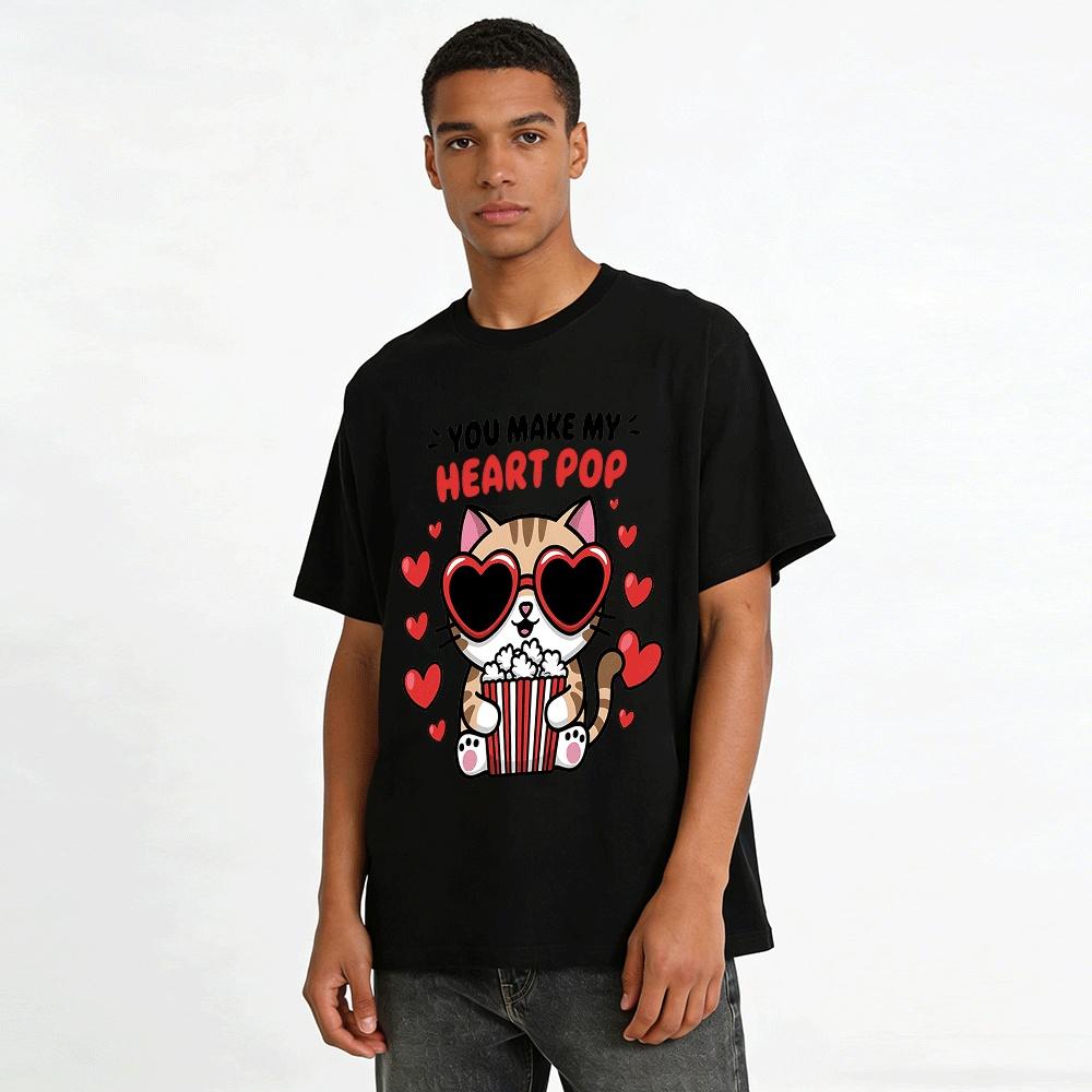 You Make My Heart Pop Cat Popcorn Graphic Casual Top Pure Cotton T-shirt