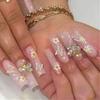 24Pcs French Tip White Edge Long Coffin Press On Nails With Rhinestone Butterfly Bow Ballet Fake Nails