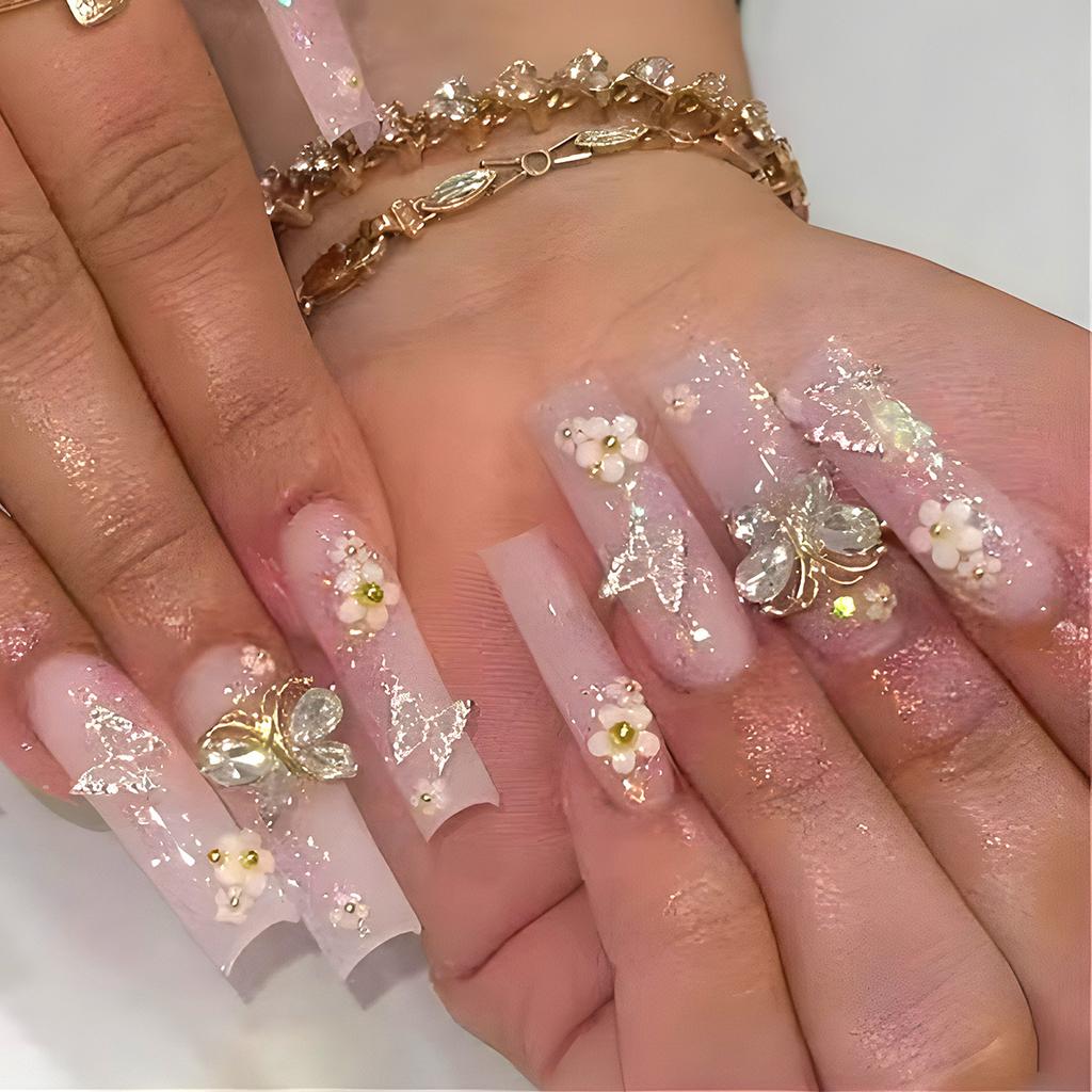 24Pcs French Tip White Edge Long Coffin Press On Nails With Rhinestone Butterfly Bow Ballet Fake Nails